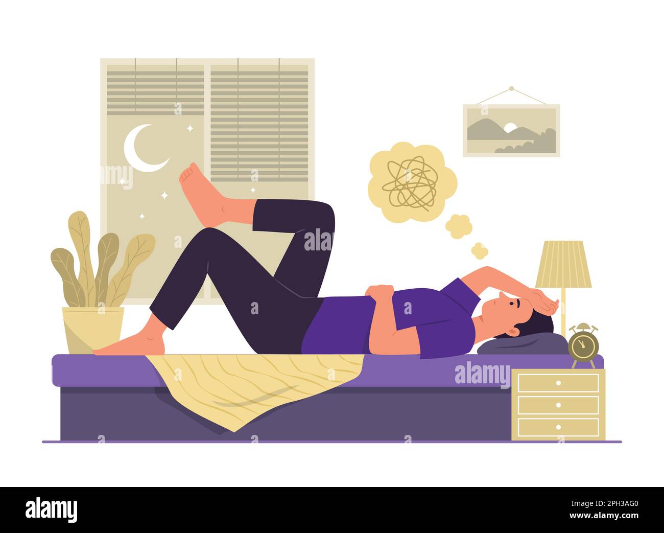 Insomnia Man Lying in Bed with Stress Feeling for Sleepless Concept Illustration Stock Vector