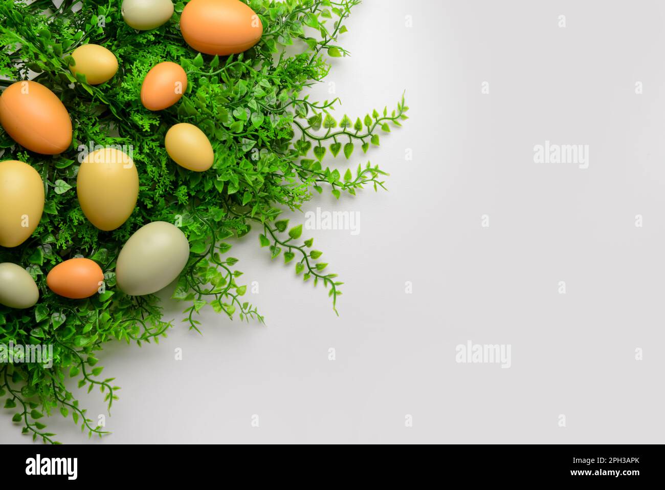 Easter eggs and plant leaves on white background Stock Photo - Alamy