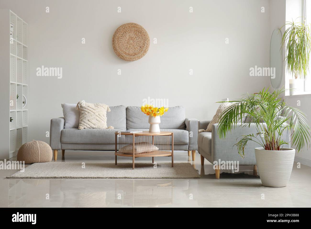 Interior of modern living room with cozy sofas and flower vase on ...