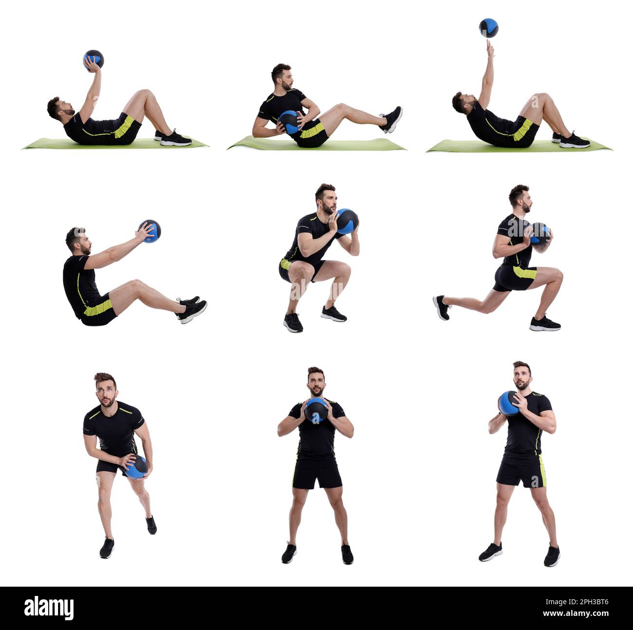 Athletic Man Doing Different Exercises With Medicine Ball On White 