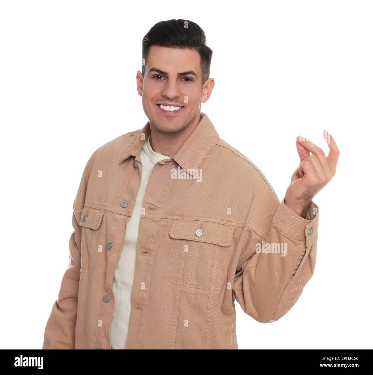 Handsome man snapping fingers on white background Stock Photo