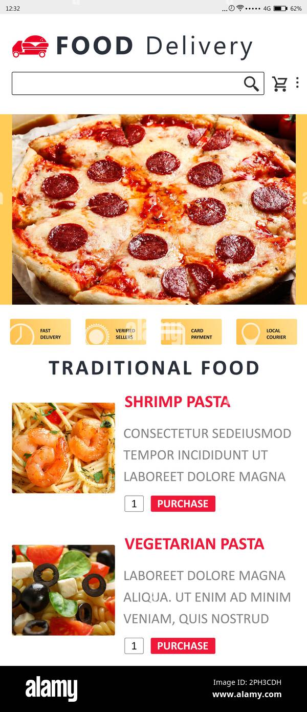 Delivery In Menu Food delivery app. Display with appetizing menu Stock Photo - Alamy