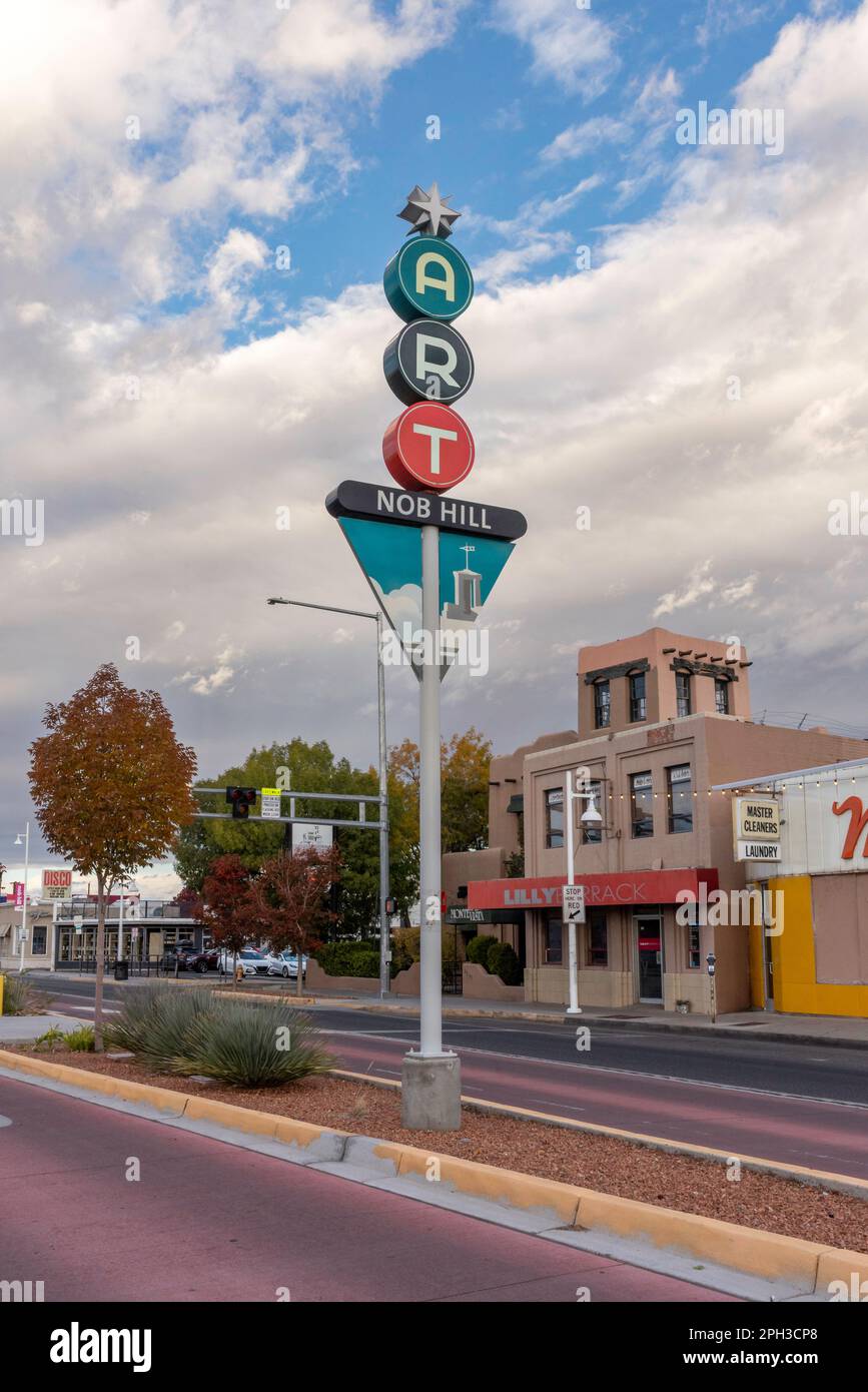 Decorative pole sign for Albuquerque Rapid Transit (ART) on center divider of Central Avenue in Nob Hill in Albuquerque, New Mexico. Stock Photo