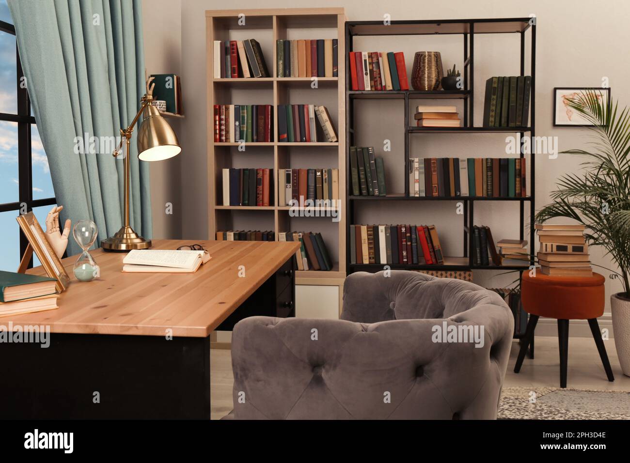 Cozy home library interior with collection of different books on