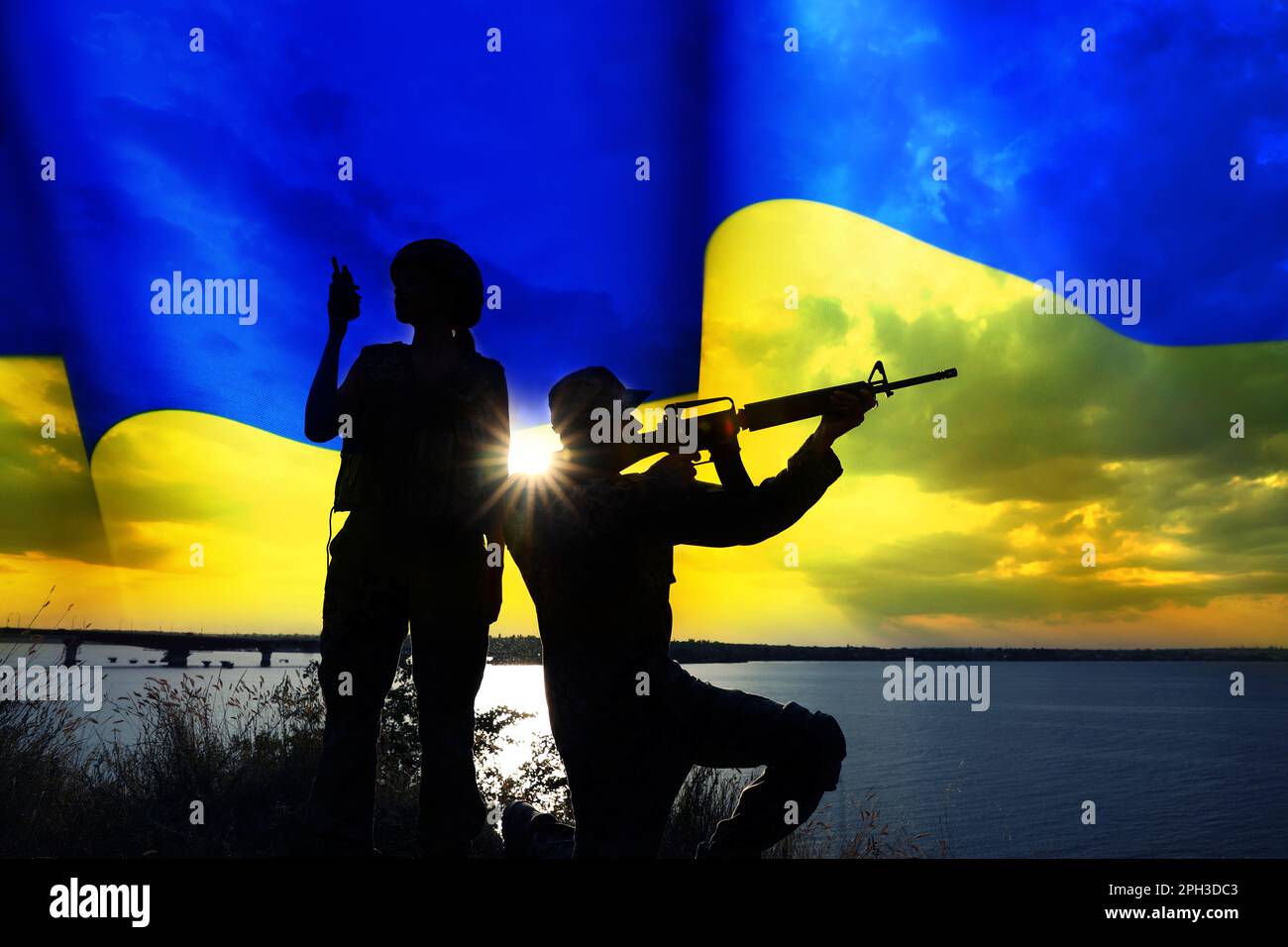 Stop war in Ukraine. Silhouette of soldiers outdoors and Ukrainian flag, double exposure effect Stock Photo