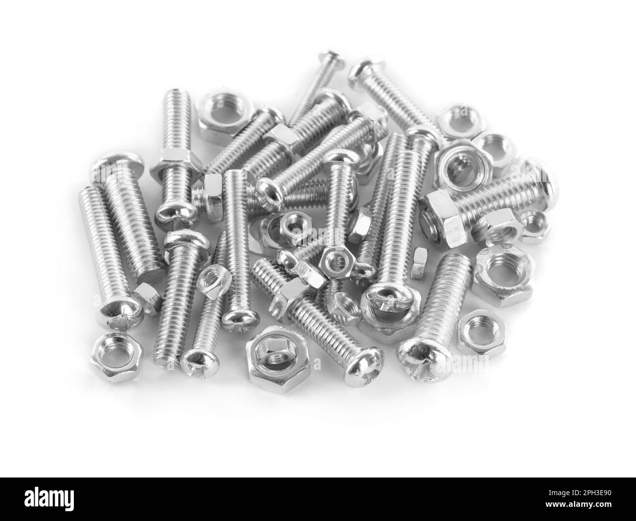 Many metal bolts and nuts on white background, above view Stock Photo