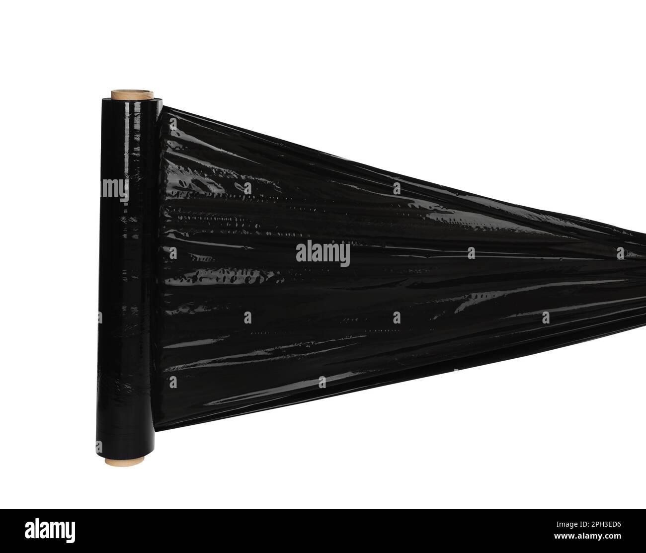 Roll of black plastic stretch wrap on white background Stock Photo