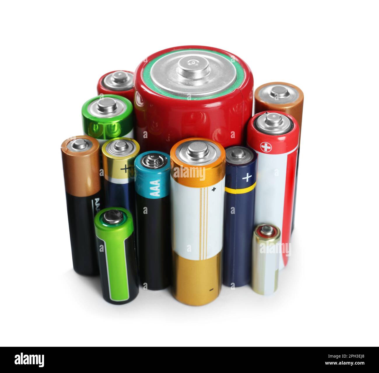 Many batteries of different types on white background Stock Photo Alamy