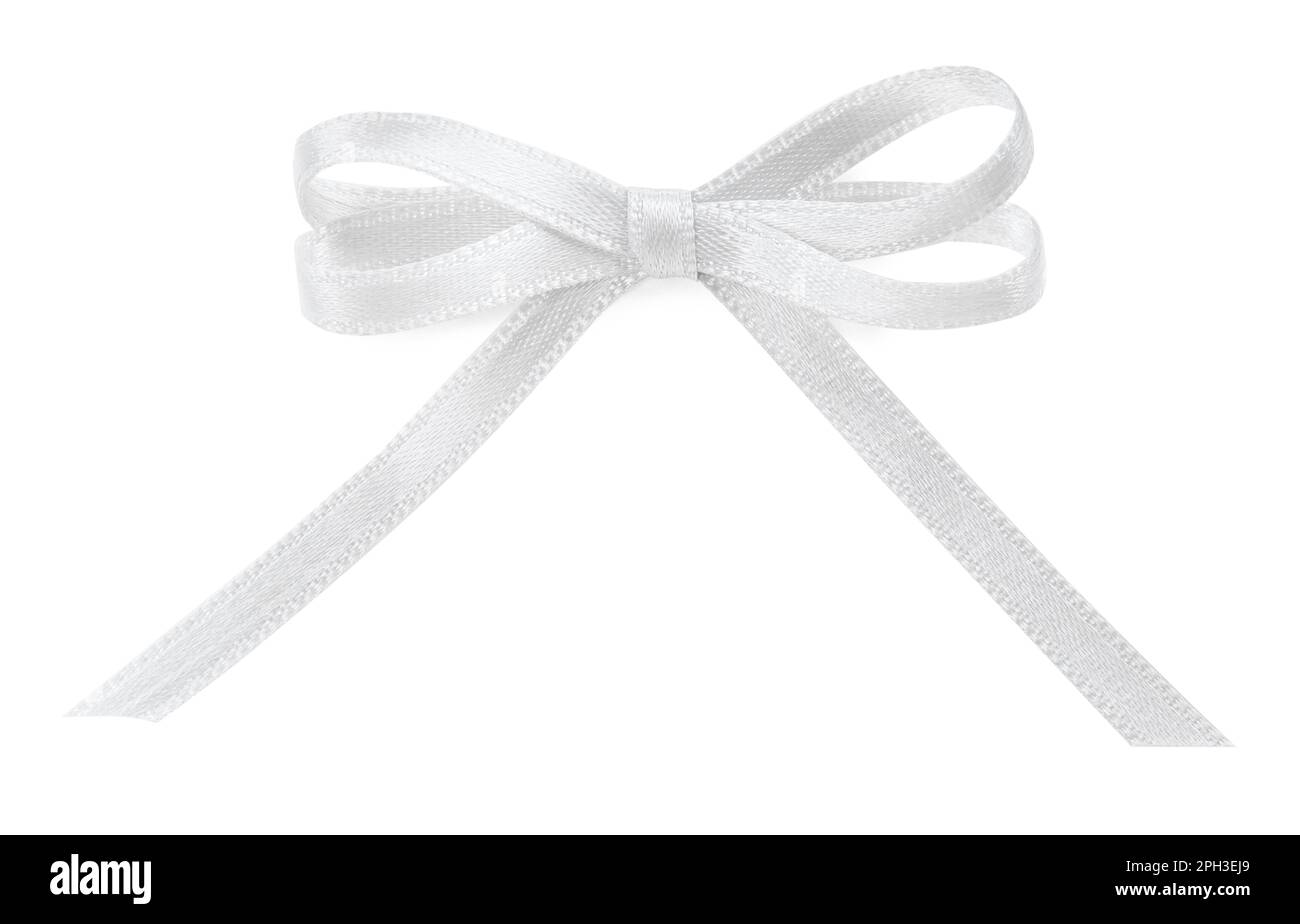 Beautiful silver ribbon tied in bow isolated on white, top view Stock ...