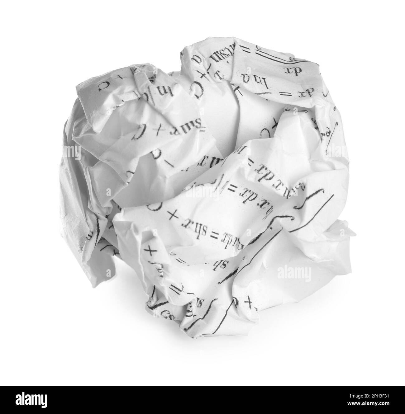 Crumpled sheet of paper with math equations isolated on white Stock