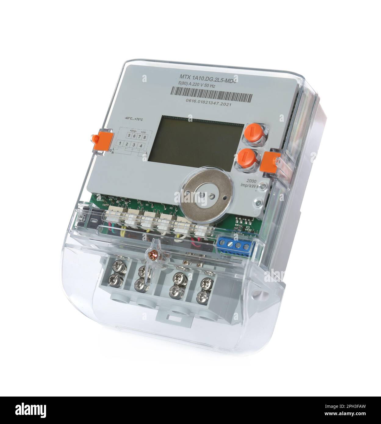 Electricity meter isolated on white background. Measuring device Stock