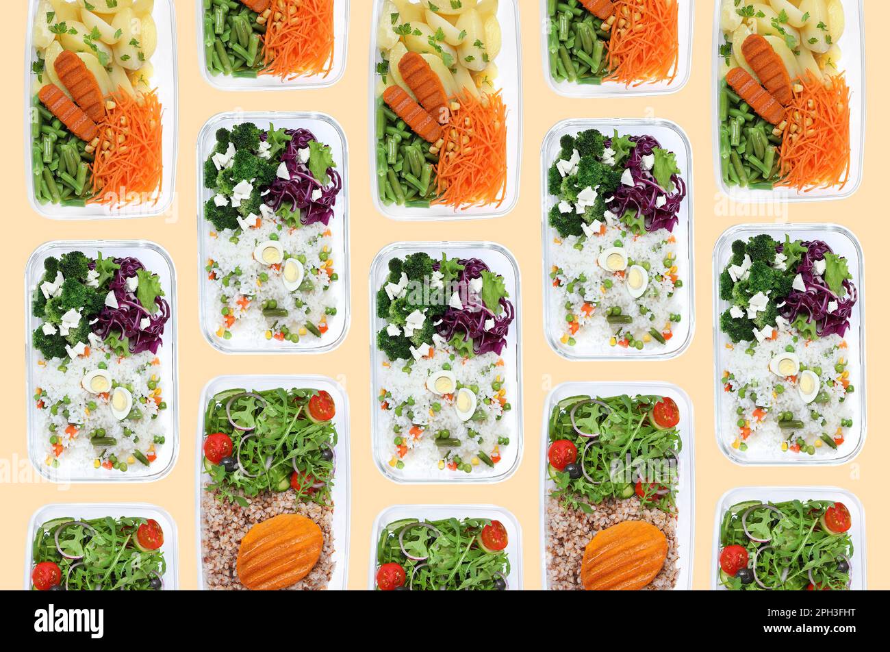 Set of plastic food containers with different prepared meals on beige background, flat lay Stock