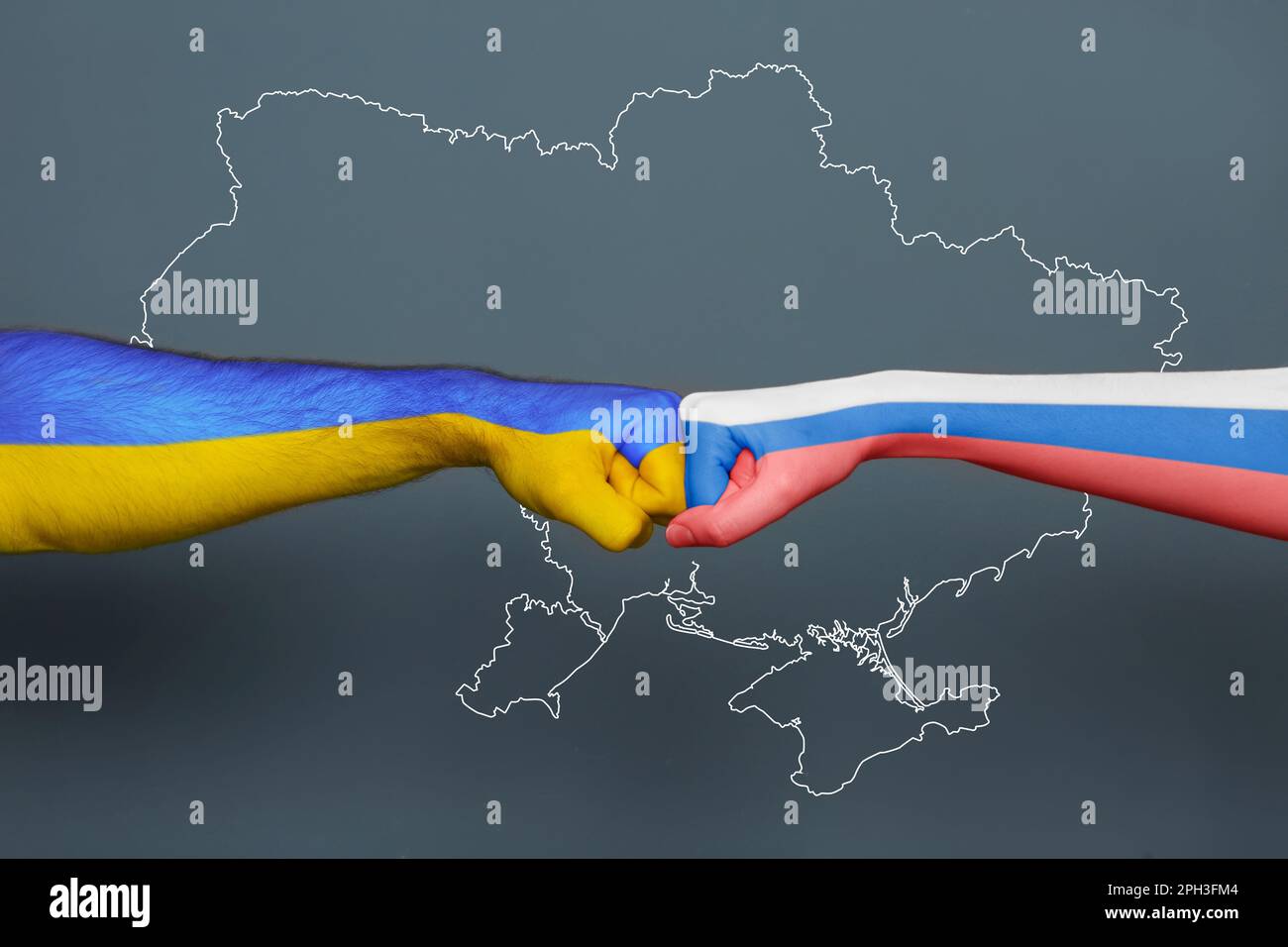 Russian-Ukrainian war. People hitting each other with hands painted in