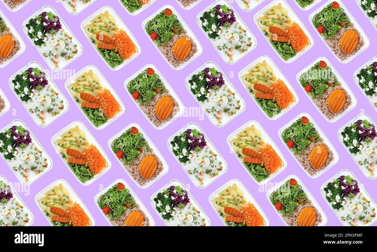 Set of plastic food containers with different prepared meals on violet background, flat lay