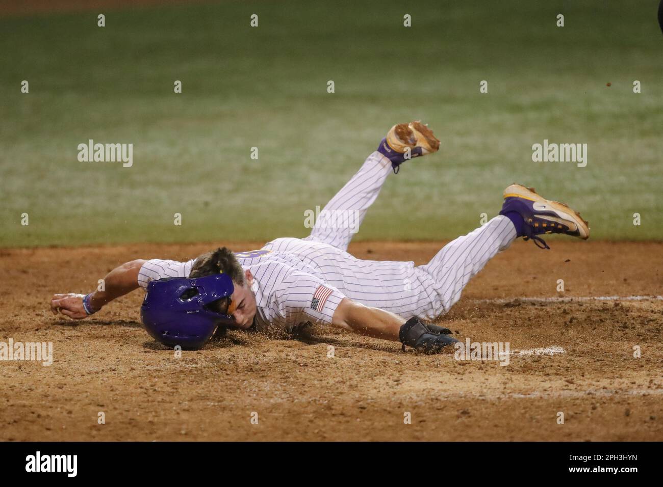 Baton Rouge, LA, USA. 25th Mar, 2023. LSU's Gavin Dugas (8) tries to