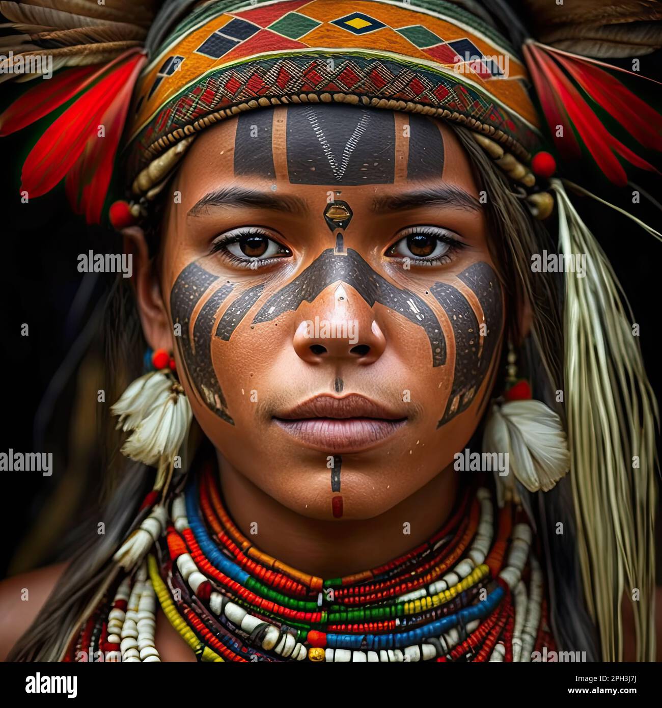 the face of amazon woman with expresive features during a tribal