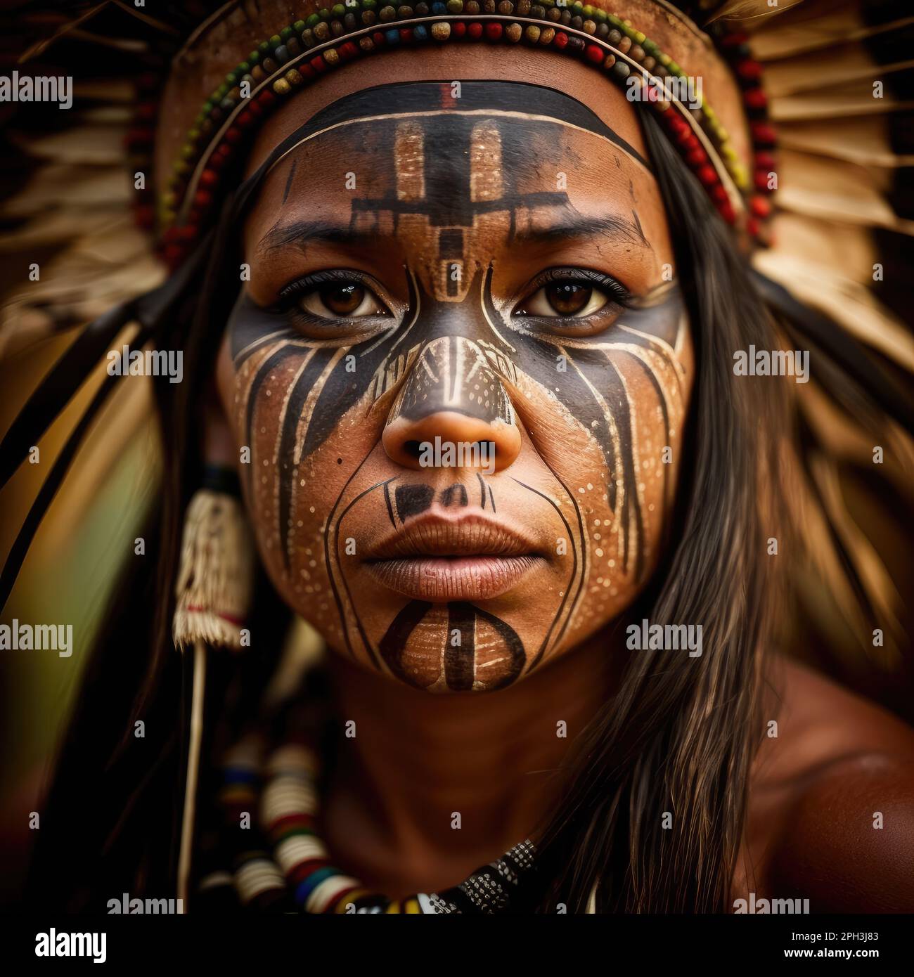 the face of amazon woman with expresive features during a tribal