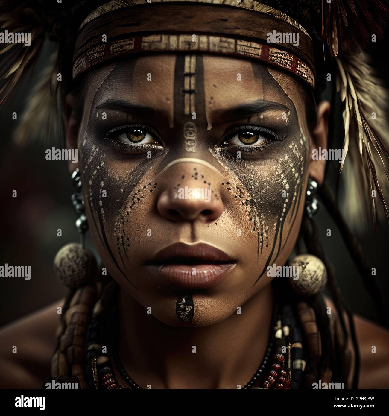 the face of amazon woman with expresive features during a tribal