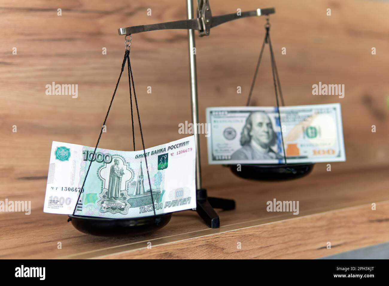 revaluation of the ruble concept. Default in Russia and strengthening of ruble. rubles and dollars on the scales. A heavy strong ruble is a problem fo Stock Photo