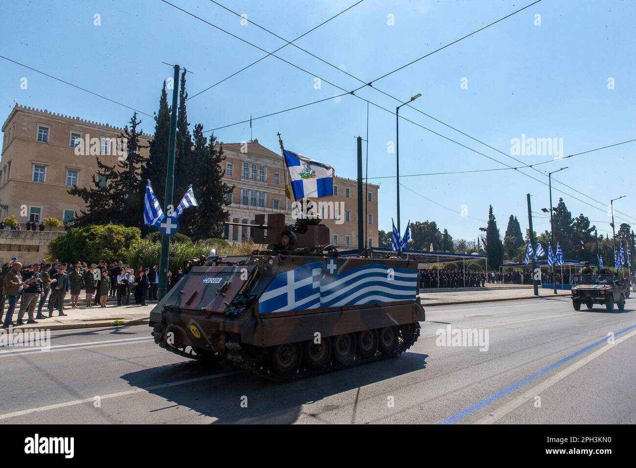 Athens, Greece. 25th Mar, 2023. Military vehicles attend during a military parade commemorating the Greek Independence Day in Athens, Greece, March 25, 2023. Credit: Marios Lolos/Xinhua/Alamy Live News Stock Photo