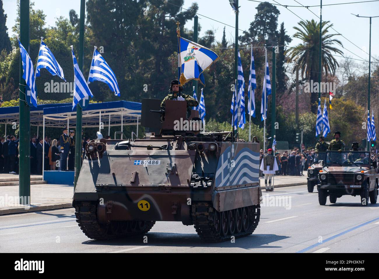 Athens, Greece. 25th Mar, 2023. Military vehicles are driven during a military parade commemorating the Greek Independence Day in Athens, Greece, March 25, 2023. Credit: Marios Lolos/Xinhua/Alamy Live News Stock Photo