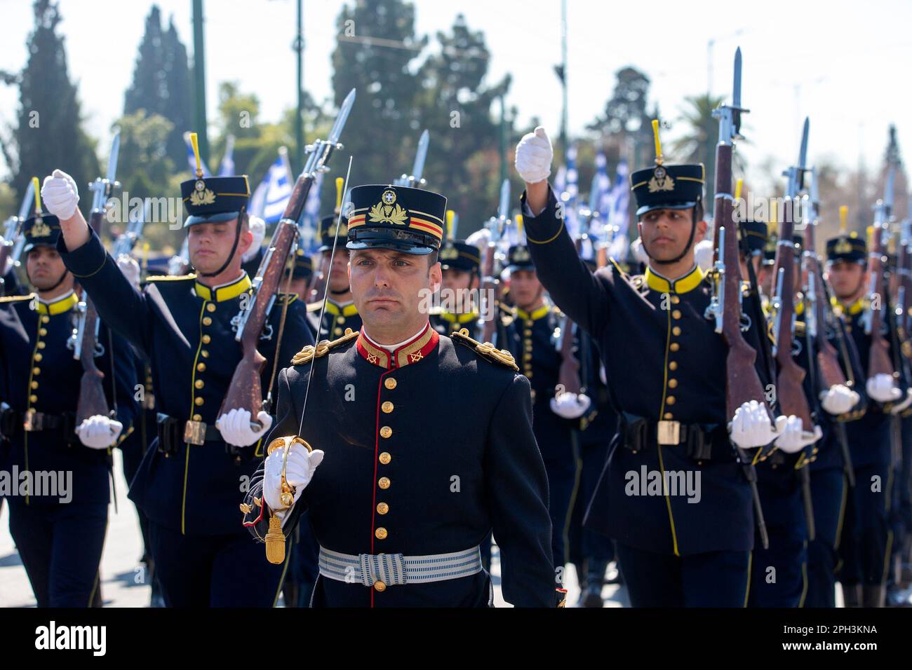 Athens, Greece. 25th Mar, 2023. Greek soldiers march during a military parade commemorating the Greek Independence Day in Athens, Greece, March 25, 2023. Credit: Marios Lolos/Xinhua/Alamy Live News Stock Photo