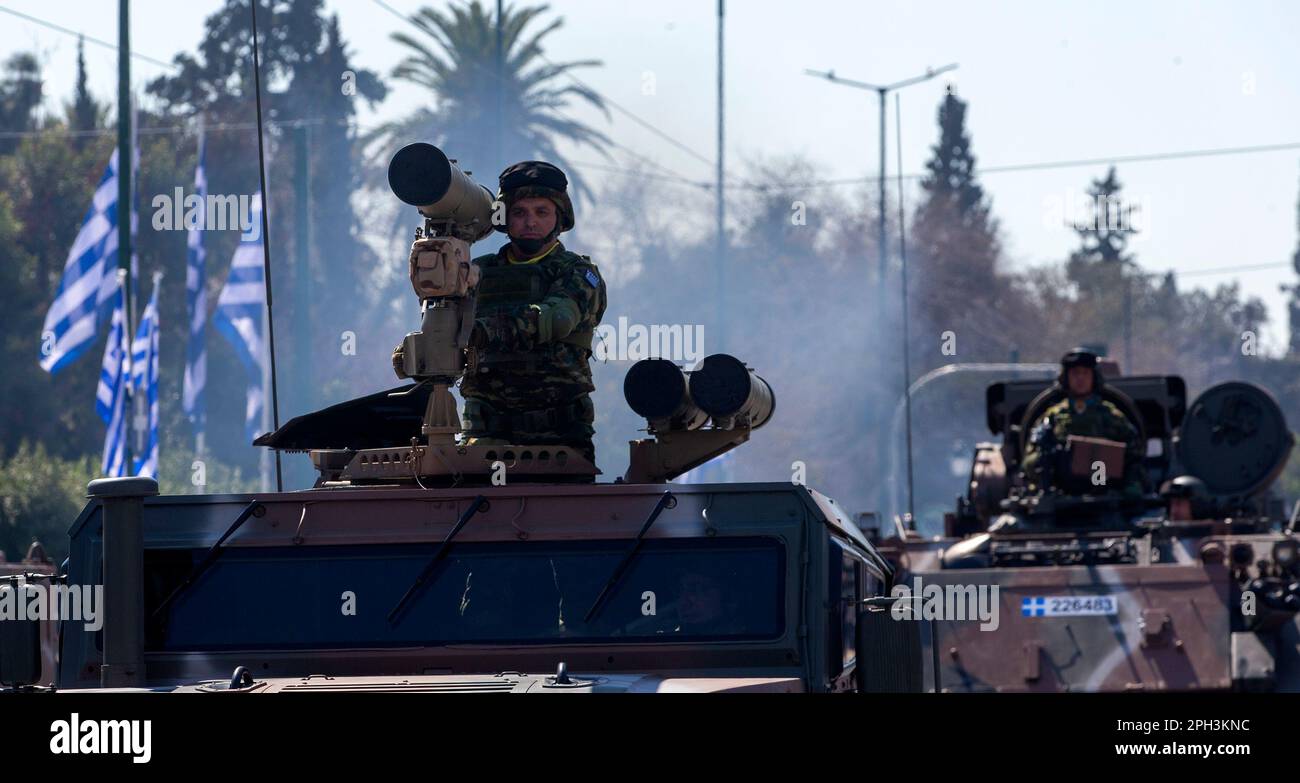 Athens, Greece. 25th Mar, 2023. Military vehicles are driven during a military parade commemorating the Greek Independence Day in Athens, Greece, March 25, 2023. Credit: Marios Lolos/Xinhua/Alamy Live News Stock Photo