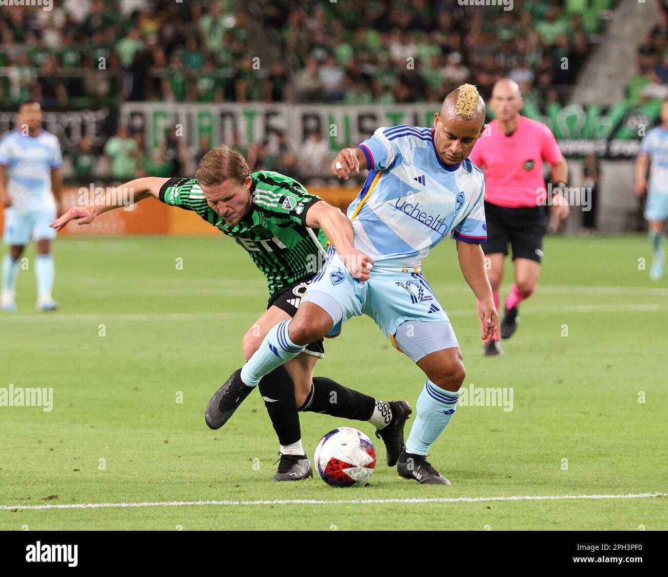 Austin, Texas, USA: March 25, 2023: Colorado Rapids forward Michael Barrios (12) gets past Austin FC forward Jon Gallagher (17) to make a shot on goal during a Major League Soccer match on March 25, 2023 in Austin, Texas. (Credit Image: © Scott Coleman/ZUMA Press Wire) EDITORIAL USAGE ONLY! Not for Commercial USAGE! Credit: ZUMA Press, Inc./Alamy Live News Stock Photo