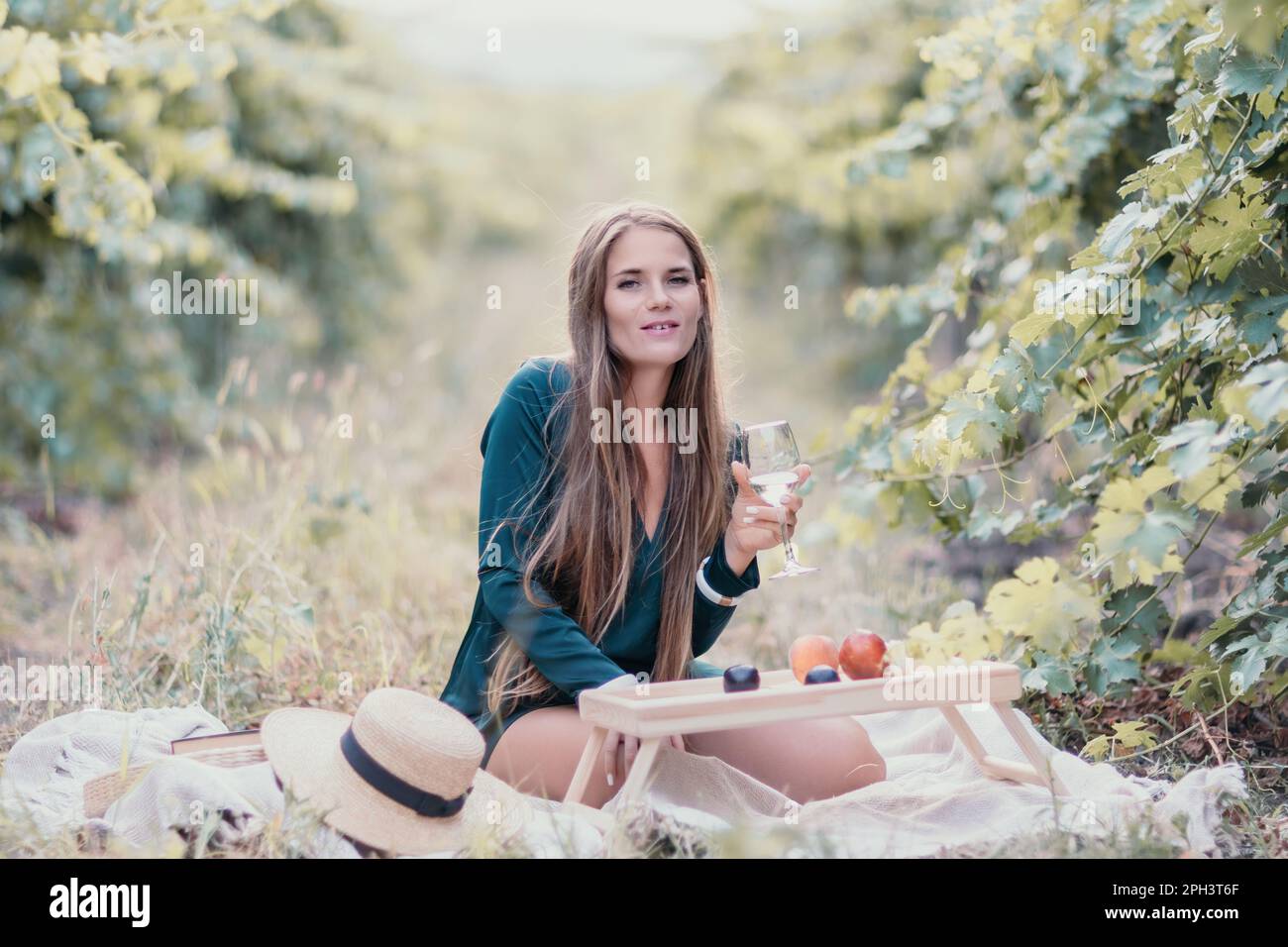 Woman picnic vineyard. Happy woman with a glass of wine at a picnic in the vineyard, wine tasting at sunset and open nature in the summer. Romantic Stock Photo