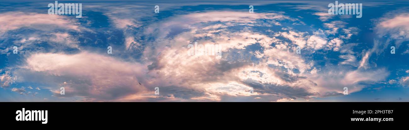 Full zenith sunset sky panorama with pink Cumulus clouds in seamless hdr equirectangular format, perfect for 3D visualization and virtual reality Stock Photo