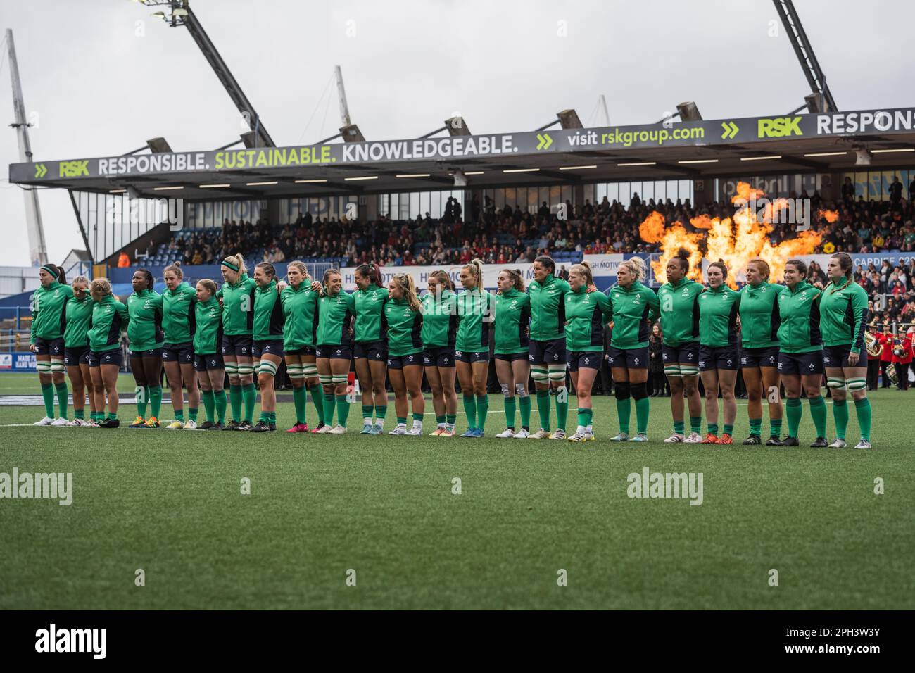 Cardiff, Wales. 25th March 2023. Ireland Squad singing national anthem before the TikTok Women’s Six Nations rugby match, Wales versus Ireland at Cardiff Park Arms Stadium in Cardiff, Wales. Credit: Sam Hardwick/Alamy Live News. Stock Photo