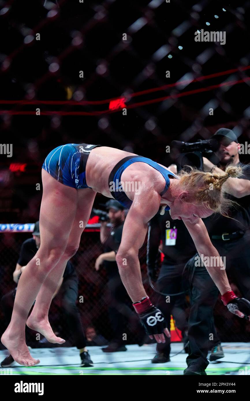 SAN ANTONIO, TEXAS - MARCH 25: Holly Holm celebrates her victory over Yana Santos in their Women's Bantamweight fight during the UFC Fight Night event at AT&T Center on March 25, 2023 in San Antonio, Texas, USA. (Photo by Louis Grasse/PxImages) Stock Photo