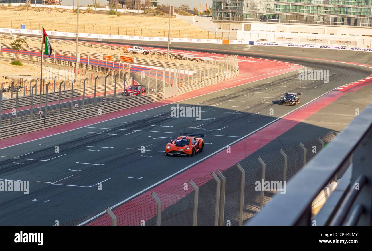 Dubai, UAE 01.14.2023 Racing cars on Dubai Autodrome circuit during