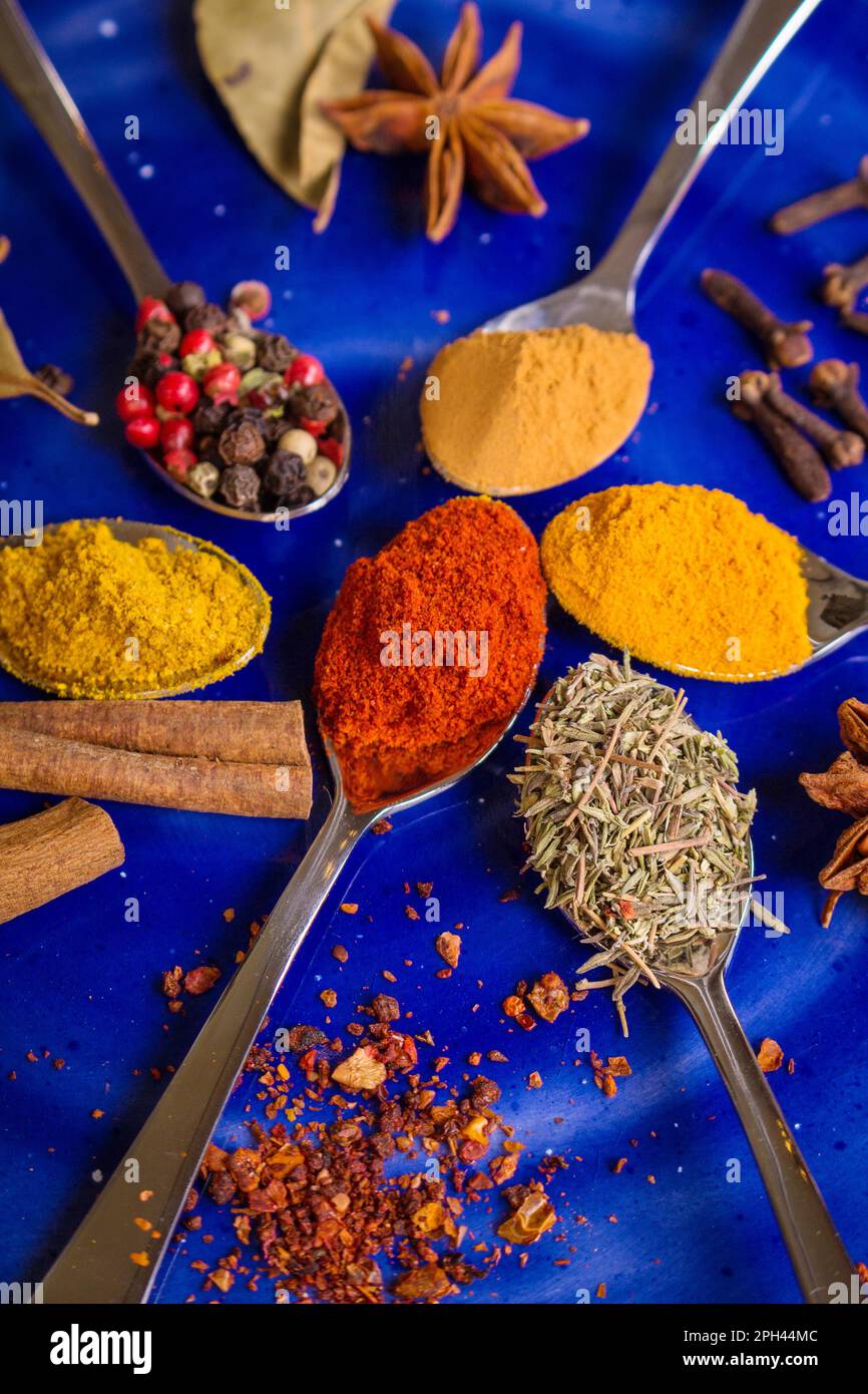 Different colorful spices in little spoons on dark blue background