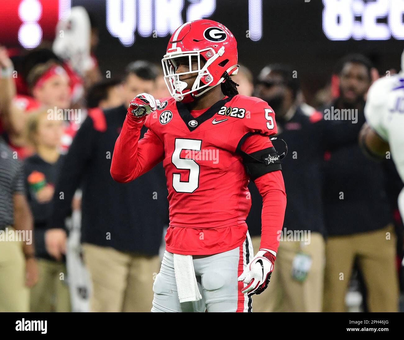 FILE PHOTOS).former Georgia Bulldogs cornerback (5) Kelee Ringo is  projected to go in the 1st Round of the 2023 NFL Draft, here he is pictured  on January 9, 2023 during the National