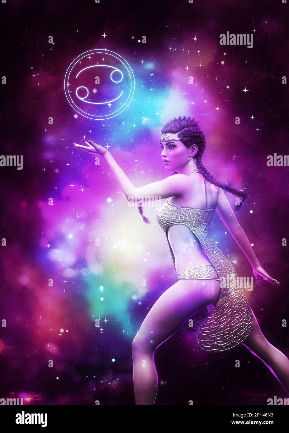 Fantasy girl with purple braided hair and silver outfit as Cancer zodiac sign, 3D Illustration. Stock Photo