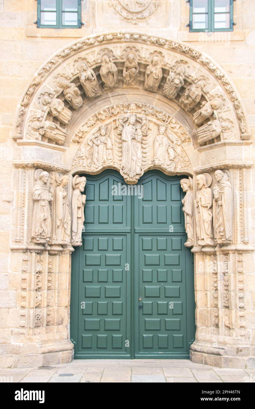 Richly decorated  door of San Jerónimo or San Xerome palace at Santiago de Compostela, Galicia, Spain Stock Photo