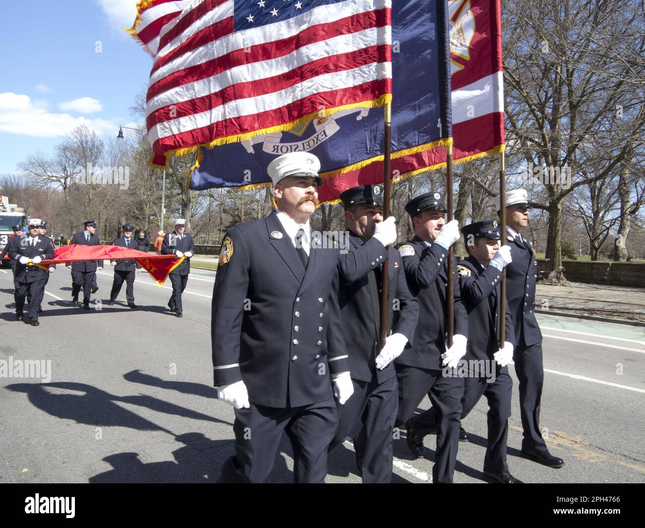 Members of FDNY march in St.Patrick's Day Parade in Park Slope, Brooklyn, NY Stock Photo