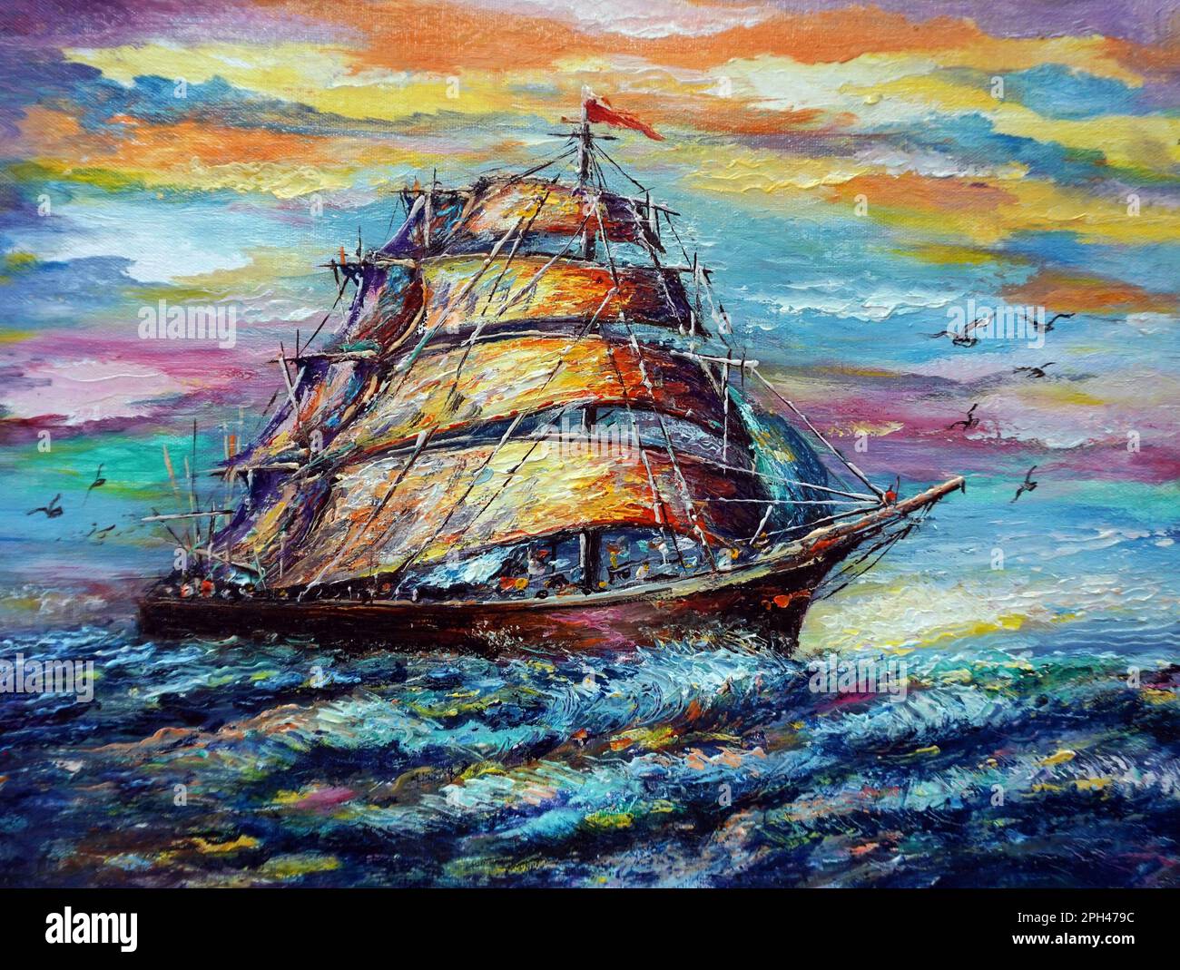 Art painting oil color ,  barque lucky ,  sailboat ,  junk  boat , barque Stock Photo