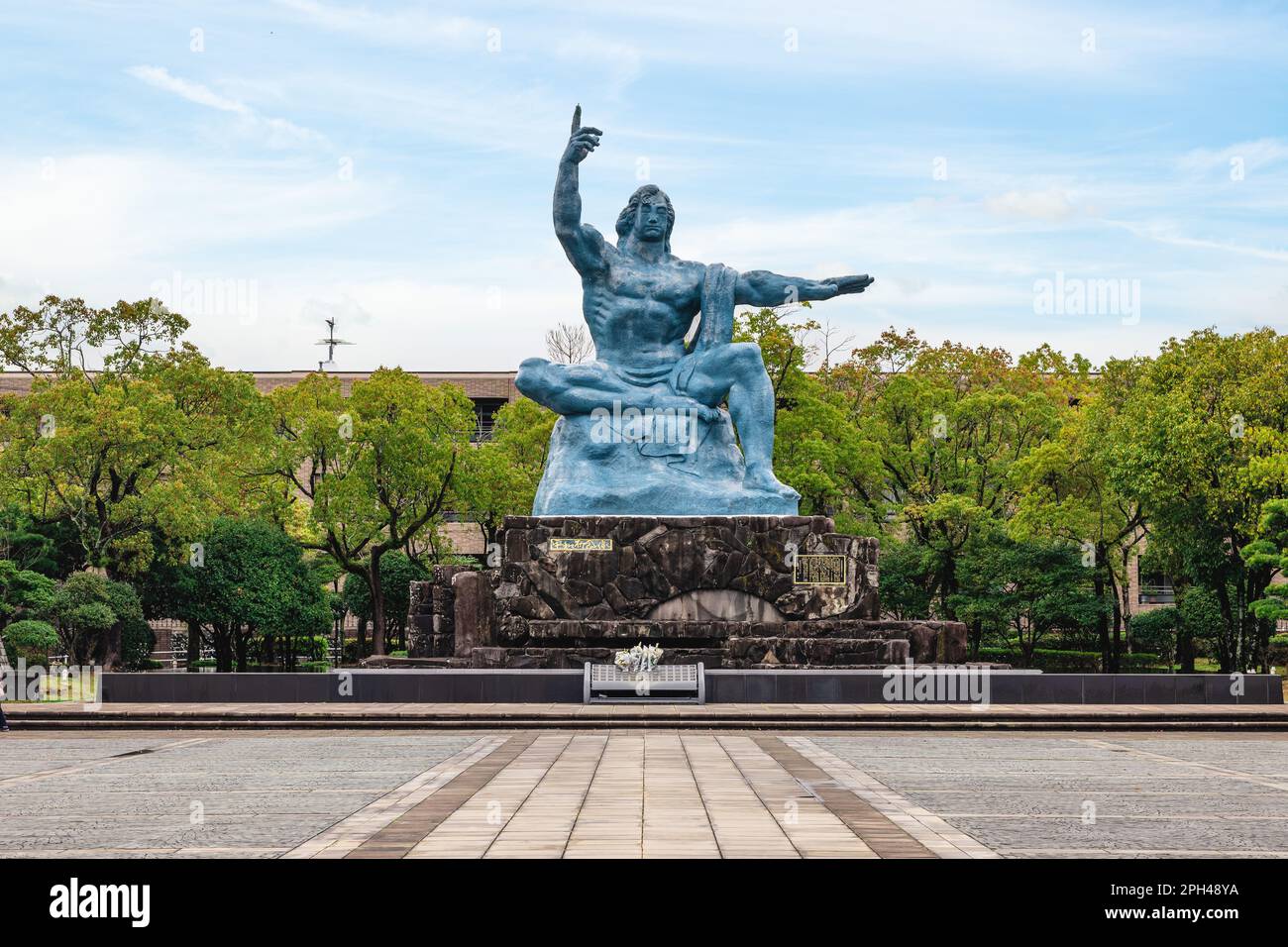 March 24, 2023: Peace statue at the peace park in Nagasaki city, Kyushu, Japan. This park commemorates the atomic bombing of Nagasaki on August 9, 194 Stock Photo