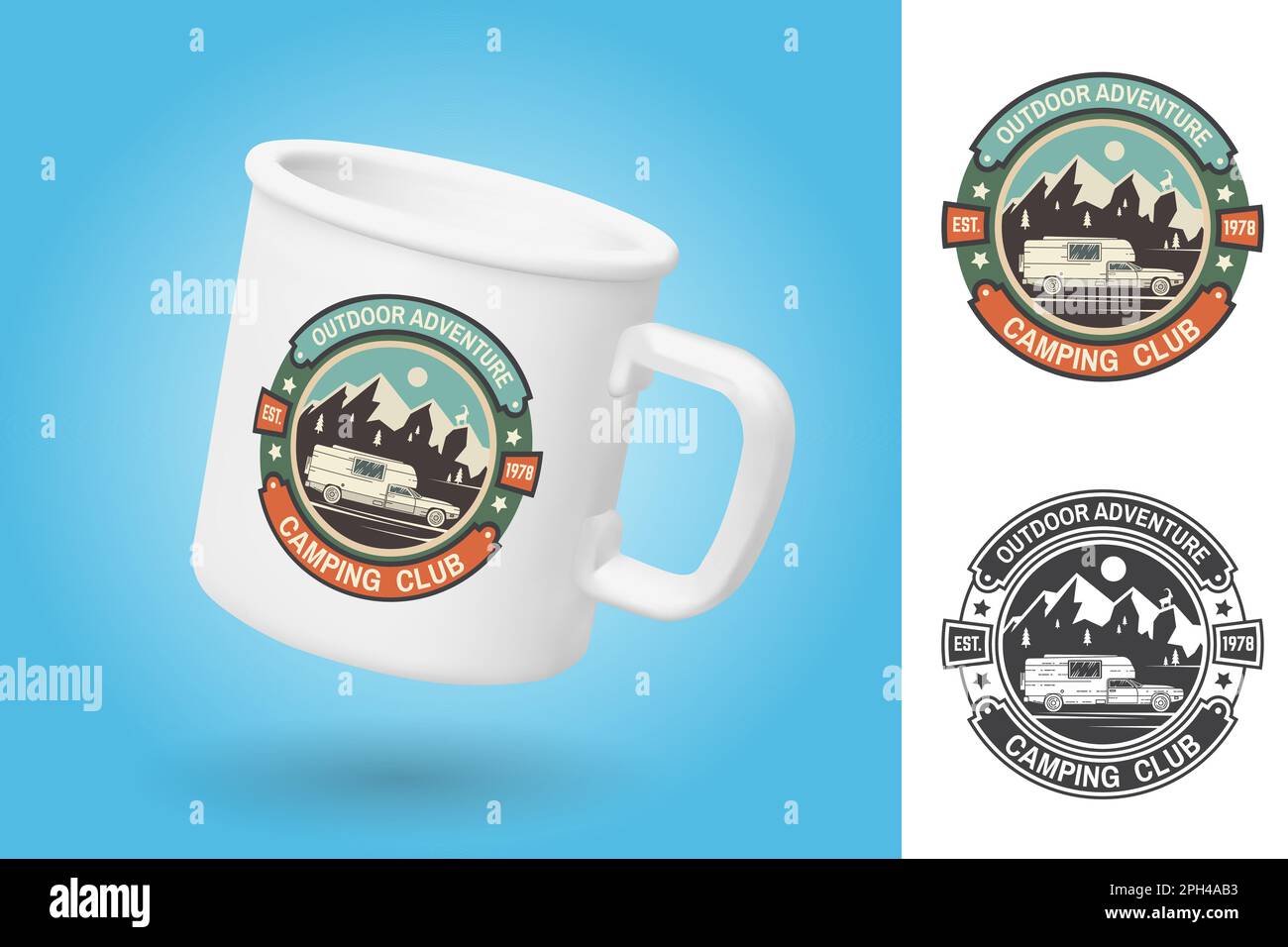 White camping cup. Realistic mug mockup template with sample design
