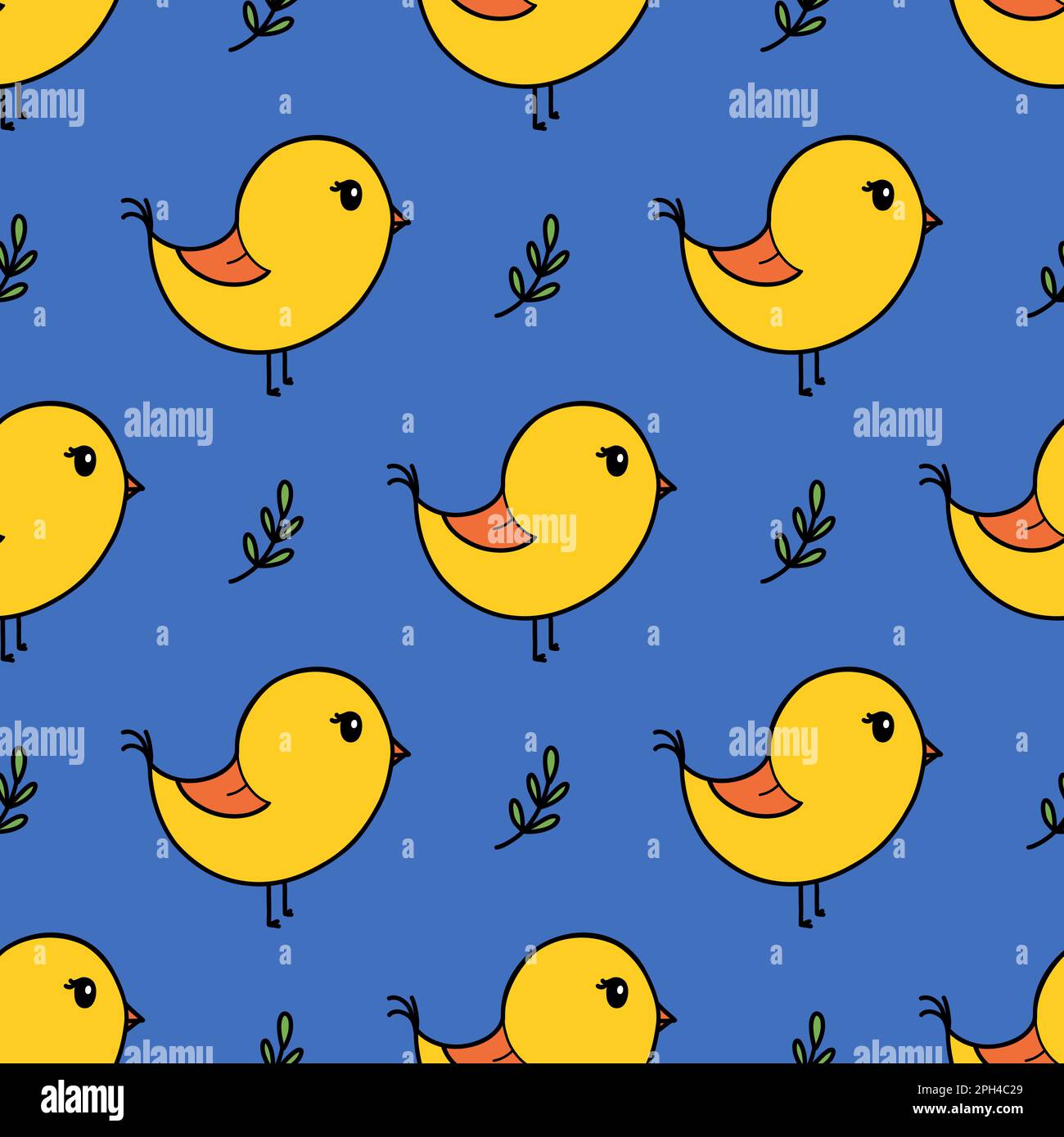 Cute spring bird seamless pattern vector illustration. Doodle kids wallpaper Stock Vector