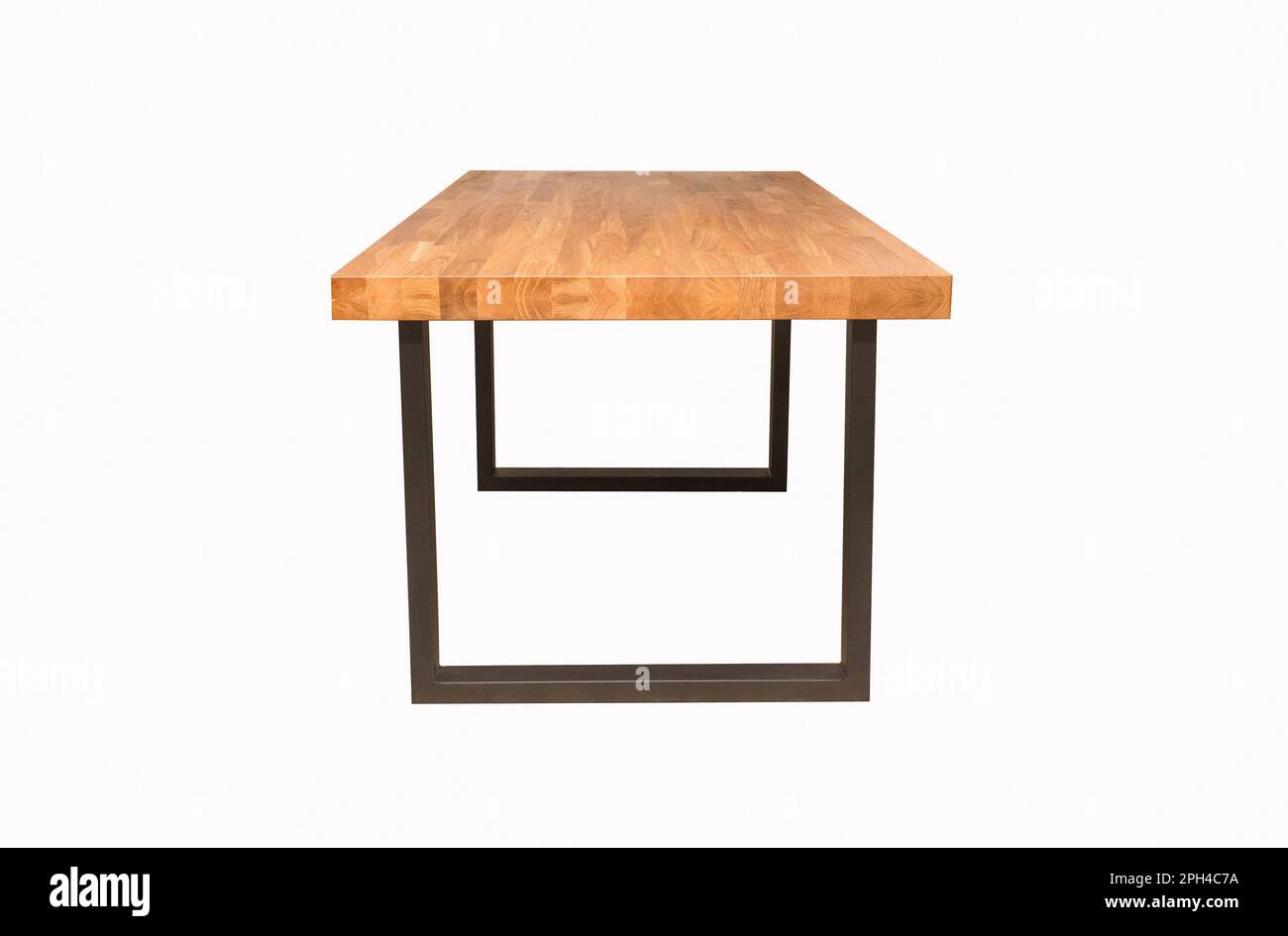 wooden table with black metal legs on white background side view Stock