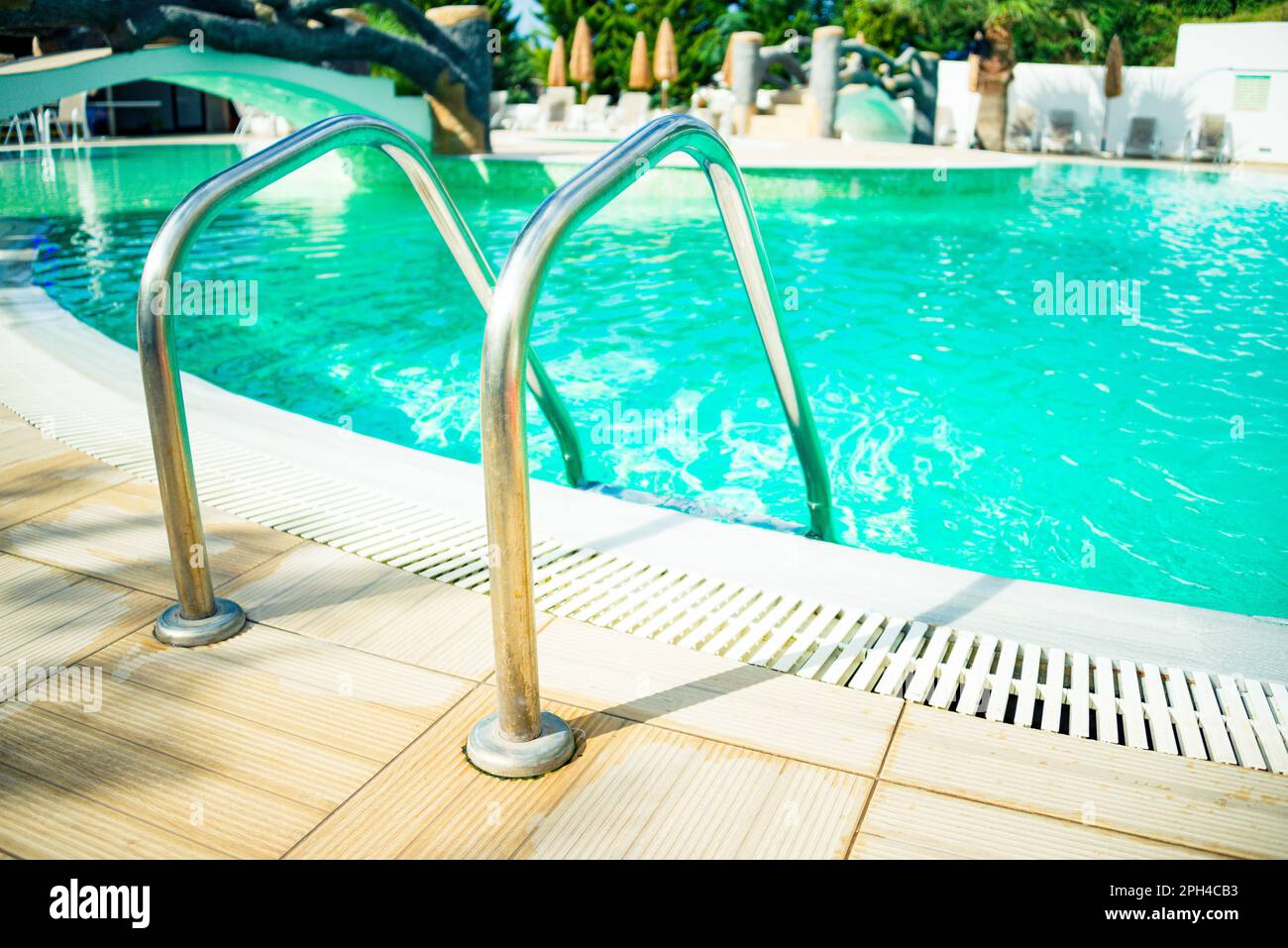 Close up of pool metal stairs. Stock Photo