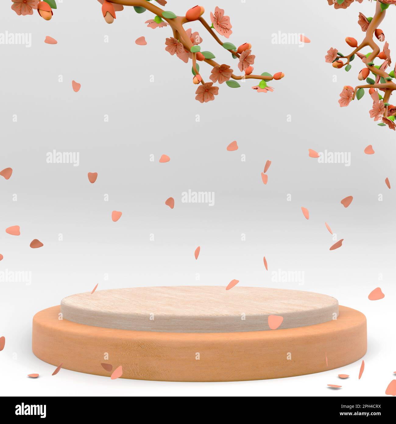 3d rendering Pink round display podium, spring flowers, leaves icon. 3d ...