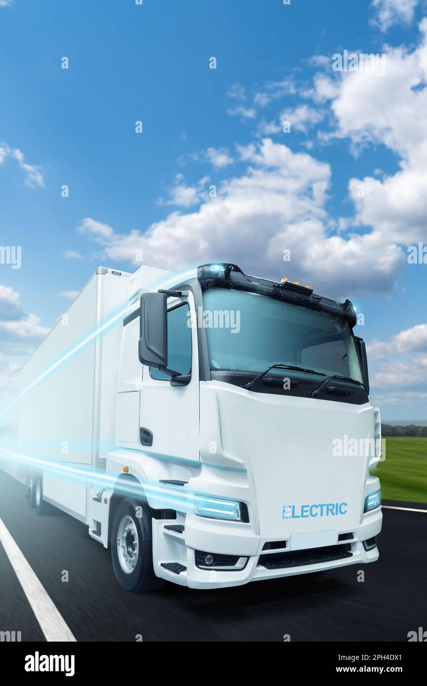 Concept of white electric truck on a road. High quality photo Stock Photo