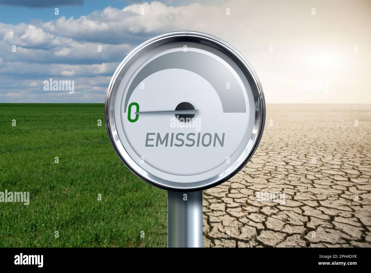 Gauge with inscription EMISSION and arrow points to zero on a background of landscape with half green field and half desert. High quality photo Stock Photo