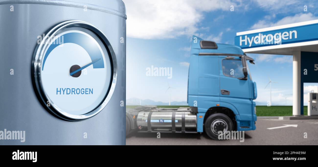Hydrogen pipe with gauge on a background of truck . Hydrogen transportation concept. High quality photo Stock Photo