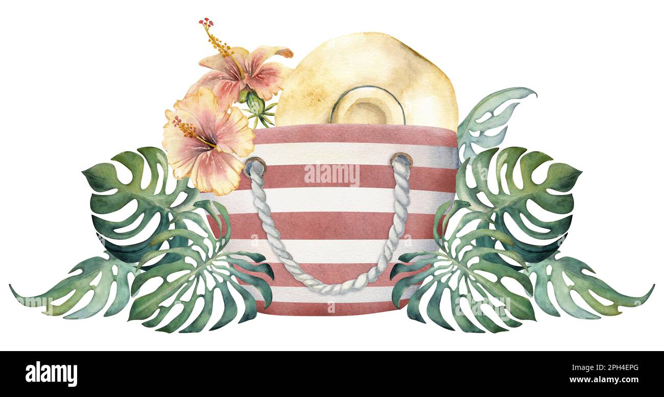 Hand drawn watercolor composition. Striped beach bag, straw sun hat ...