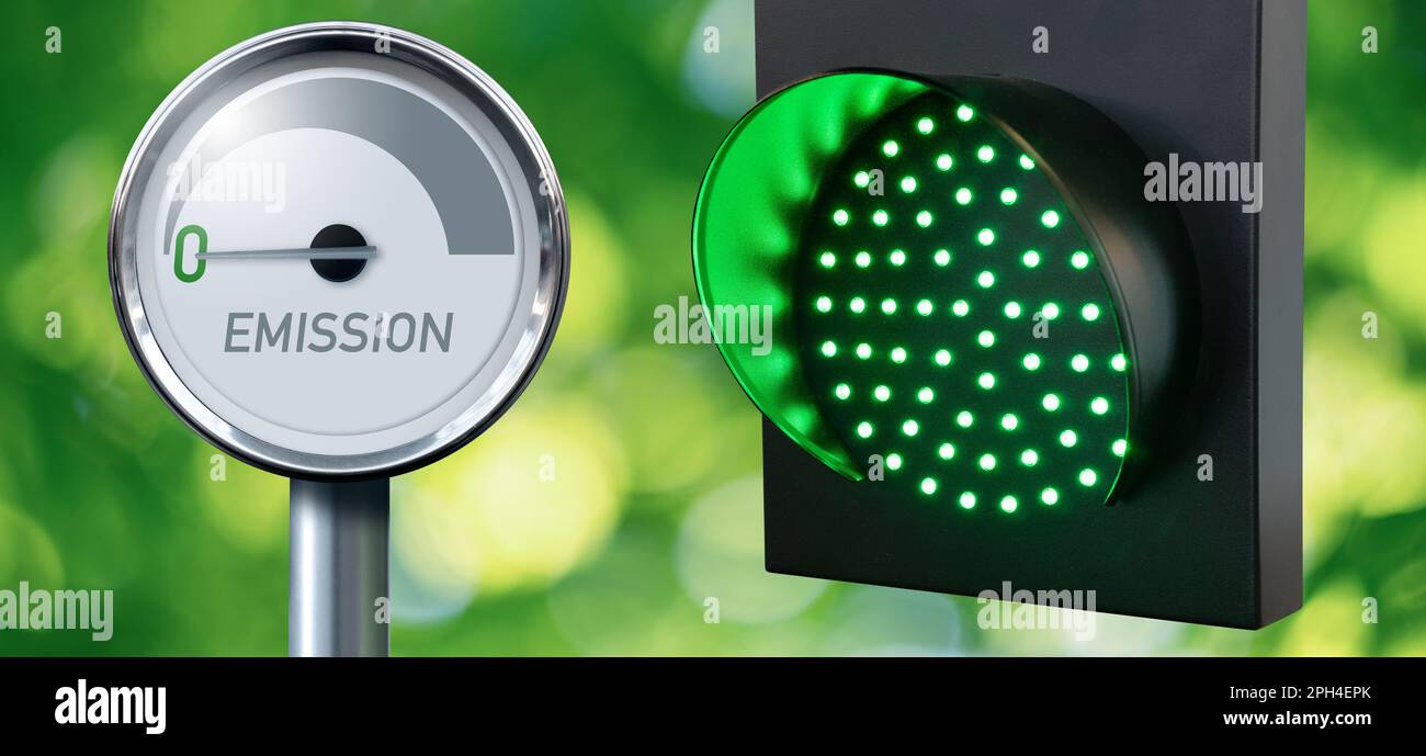 Green traffic light and gauge with inscription EMISSION. Symbol of